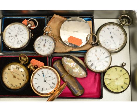 A COLLECTION OF POCKET WATCHES, featuring a sterling silver J W Benson pocket watch, open faced white enamel dial with Roman 