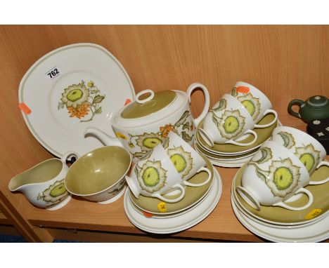 SUSIE COOPER 'SUNFLOWER' TEASET, to include teapot, cake/sandwich plate, milk jug, sugar bowl, six cups, seven saucers (one c