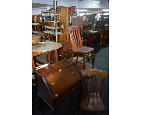 A REPRODUCTION WALNUT FALL FRONT BUREAU with a single drawer on cabriole legs together with an Edwardian occasional table, tw