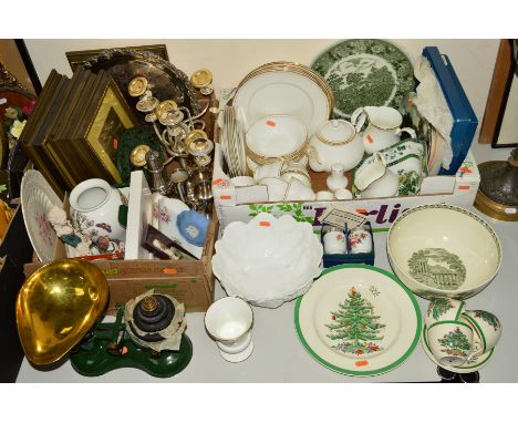 TWO BOXES AND LOOSE SUNDRY ITEMS OF CERAMICS etc to include Duchess 'Ascot' white tea wares, having gold rim, Coalport cabbag
