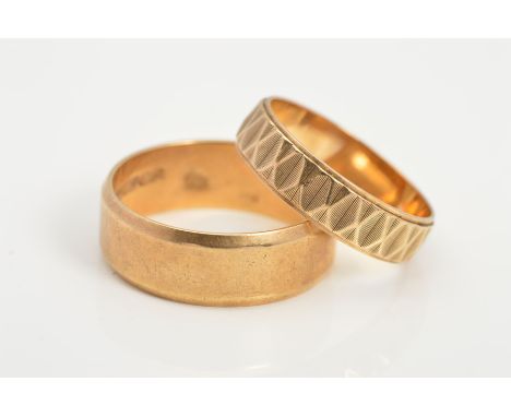 TWO 9CT GOLD BAND RINGS, the first of plain design with tapered edges, ring size S, the second of textured design, ring size 