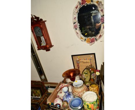 TWO BOXES AND LOOSE ASSORTED CERAMICS, GLASSWARE etc, including Masons Mandalay red bowl, ceramic floral wall mirror, Polaris