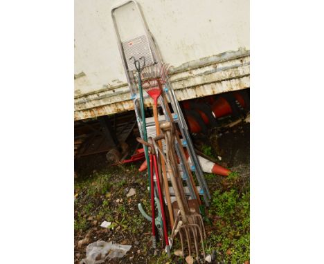 TWO ALUMINIUM STEP LADDERS together with a collection of various garden tools (10+)