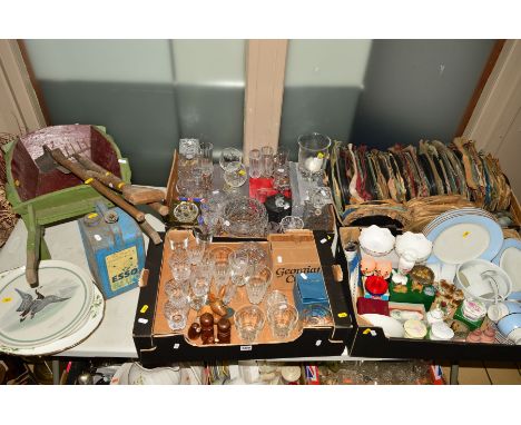 FOUR BOXES AND LOOSE CERAMICS, GLASSWARES, RECORDS etc, to include an 'Esso Blue' can, a children's green painted wheelbarrow
