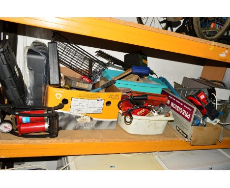 THREE BOXES AND A METAL TOOL CHEST containing various hand and decorators tools including a Jaguar spanner set, angle grinder