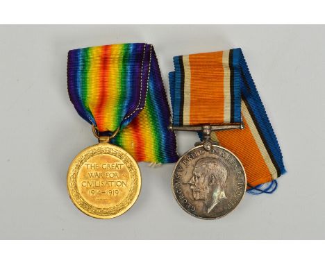 TWO WWI MEDALS AND RIBBONS, the first a British War medal, the second and Allied Victory medal, both with their ribbons, both