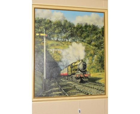 ROBERT K CALVERT (BRITISH), a steam train exiting a tunnel against a tree lined backdrop, signed and dated 1975 bottom left, 