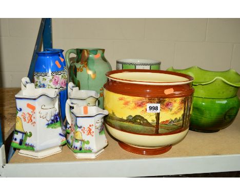 THREE JARDINERES, including Royal Doulton Series ware D4585, diameter 24cm Bretby No1062J (chipped), a Whieldon vase, a pair 