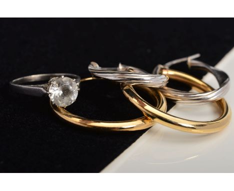 A RING AND TWO PAIRS OF HOOP EARRINGS, the ring claw set with a circular cubic zirconia, stamped 800, ring size M, together w