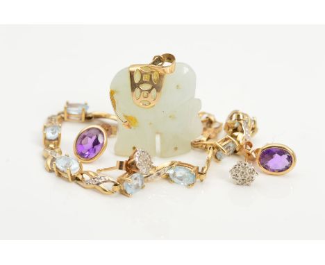 FOUR ITEMS OF JEWELLERY, to include a 9ct gold topaz and diamond bracelet, a pair of oval amethyst stud earrings, a pair of d