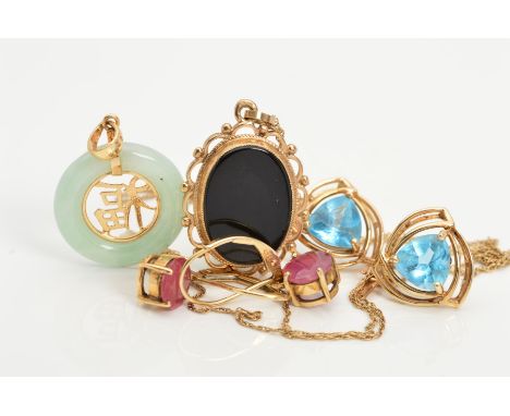 FOUR ITEMS OF JEWELLERY, to include a pair of 9ct gold triangular topaz stud earrings, length 14mm, a pair of 9ct gold circul