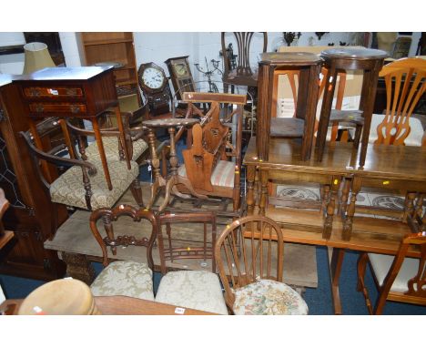 A REPRODUCTION MAHOGANY TWO DRAWER SIDE TABLE, together with a pair of mahogany wine tables, carver chair, a Victorian chair,