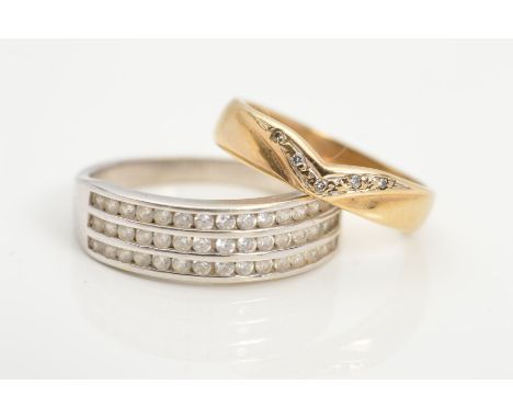 TWO 9CT GOLD RINGS, the first with a V-shaped front set with five brilliant cut diamonds, ring size J, the second designed as