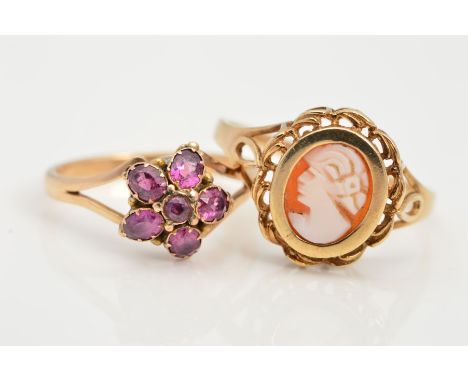 TWO RINGS, the first a cameo ring depicting a lady in profile, within collet mount to the scalloped surround, with a 9ct hall