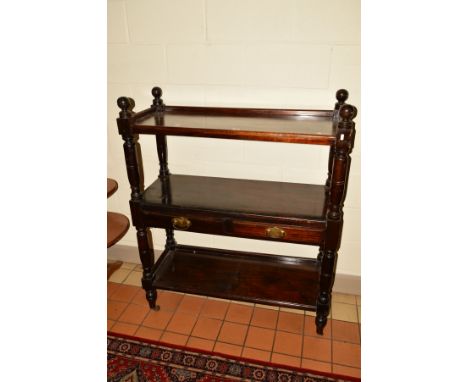 AN EARLY 20TH CENTURY MAHOGANY THREE TIER BUFFET, with two drawers on ceramic casters, width 107cm x depth 43cm x height 130c