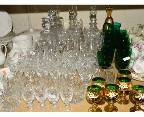 A COLLECTION OF DECANTERS, CUT GLASS WINE GLASSESS AND TUMBLERS etc, to include Stuart crystal, Bohemian glassware etc