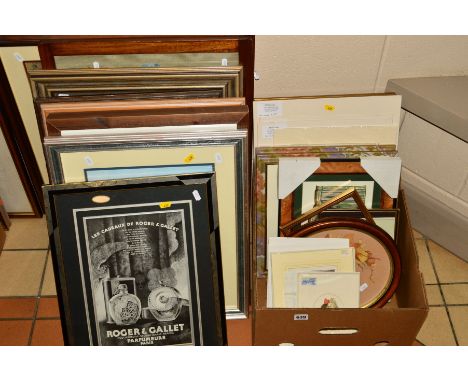 A GROUP OF PRINTS etc to include book plate prints, vintage advertising prints for perfumes, old master reproduction prints, 