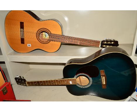 A HOHNER COUNTRYMAN DREADNOUGHT ACOUSTIC GUITAR, with a translucent blue/green finish and a Santos Martinez SM80 classical gu