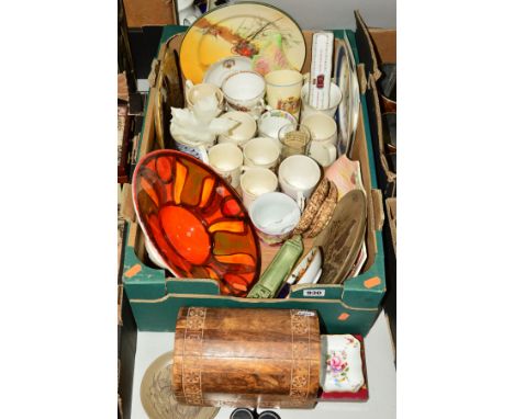 A BOX AND LOOSE CERAMICS to include a Poole Pottery Delphis bowl, diameter 29cm, Barbara Linley Adams for Poole Pottery plate