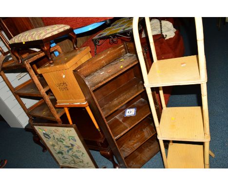 A QUANTITY OF OCCASIONAL FURNITURE, to include a mahogany coffee table, footstool, an oak tea trolley, an oak bookcase, light