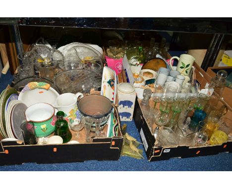 FOUR BOXES OF MISCELLANEOUS CERAMICS AND GLASS ETC, to include cold painted budgerigars and marble book-ends, Caithness vase,