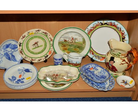 A GROUP OF CERAMICS, to include a Fieldings Crown Devon 'John Peel' hunting scene jug, with fox handle, height 30cm, two earl