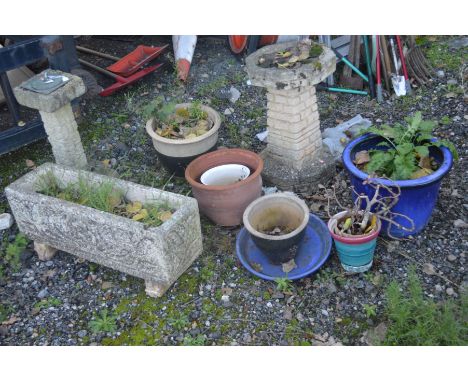 A COMPOSITE BRICK EFFECT OCTAGONAL BIRD BATH ON A SEPERATE BASE, height 62cm x diameter 39cm, together with a composite sundi