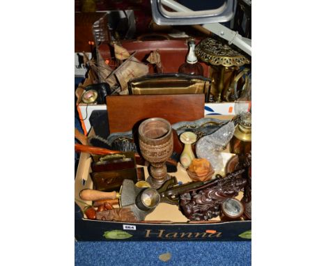 TWO BOXES OF METALWARE AND EPHEMERA, to include brass trivett, horse brasses, brass oil lamp, table mounted bean slicer, etc