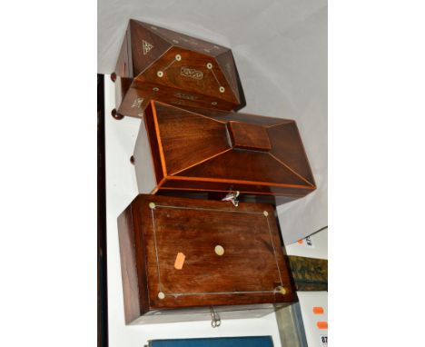 A SCARPHAGUS SHAPED TEA CADDY, a second tea caddy inlaid with mother of pearl and a trinket box inlaid with mother of pearl (