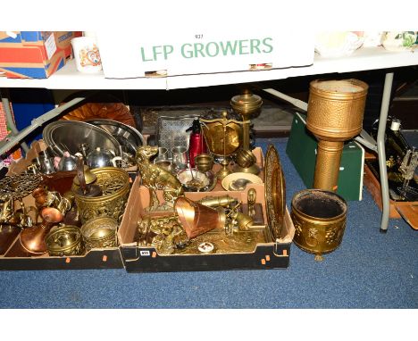 FOUR BOXES OF BRASS, COPPER AND STAINLESS STEEL METALWARES etc to include a brass desk canon, horses mounted on wooden plinth