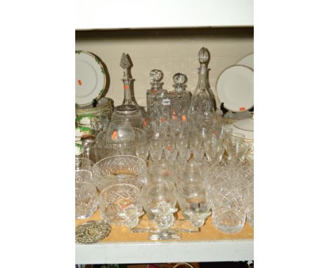 A COLLECTION OF CUT GLASSWARE including Swarovski candleholder, Stuart Crystal bowl, Royal Brierley jug, decanters, wine glas