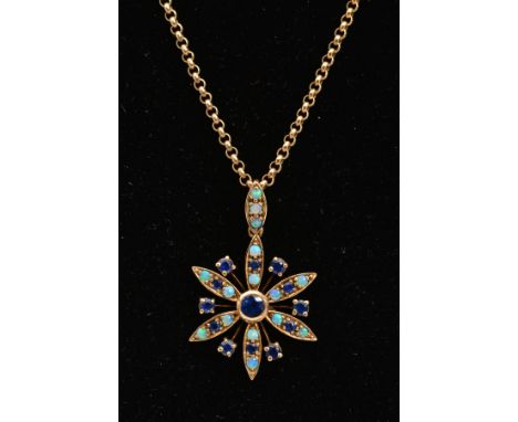 A SAPPHIRE AND OPAL PENDANT AND 9CT GOLD CHAIN, the pendant of floral design set with circular sapphires and circular opal ca