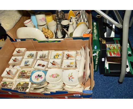 TWO BOXES AND LOOSE SUNDRY/CERAMIC ITEMS, to include a quantity of Sandland Ware ashtray sets and boxes, trinket dishes etc, 