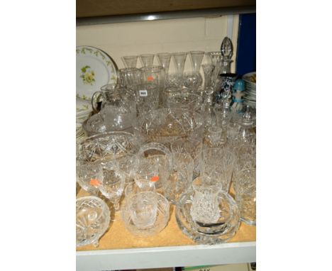 A MISCELLANEOUS COLLECTION OF MOSTLY CUT GLASS, including Waterford, Stuart Crystal, Webb Corbet, Royal Doulton etc, wine, wh