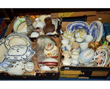 THREE BOXES OF CERAMICS AND GLASS to include Lowestoft Bisto blue and white, Seaforth blue and white, Limoges powder pot, Mas
