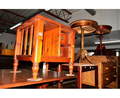 A STAINED PINE COFFEE TABLE, a mahogany piano stool and two circular tripod occasional tables (4)