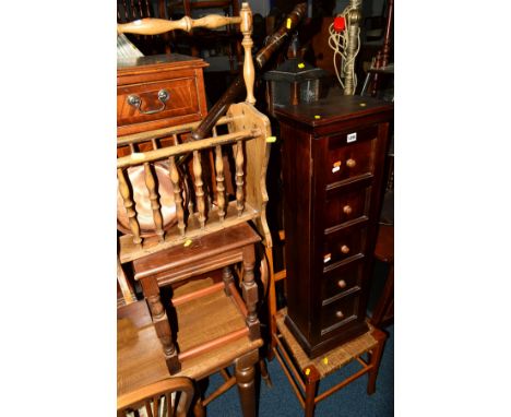 A QUANTITY OF OCCASIONAL FURNITURE, to include an oak hanging lantern, stained pine CD UNIT, rush seated chair, magazine rack