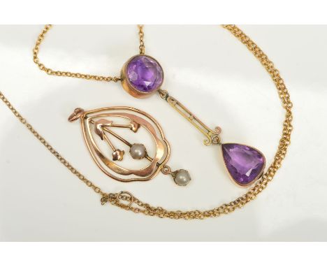 TWO EARLY 20TH CENTURY 9CT GOLD PENDANTS, the first designed as a circular amethyst within a millegrain setting suspending a 