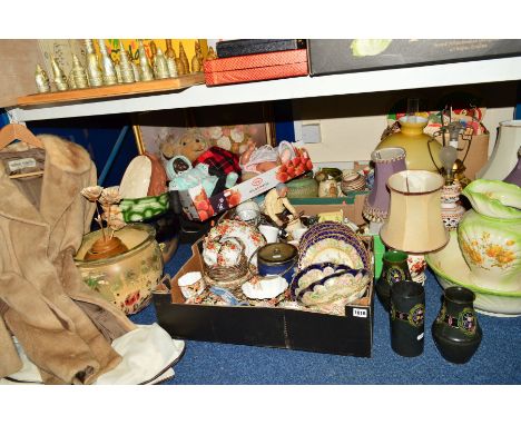 SIX BOXES AND LOOSE, CERAMICS, GLASS, TOYS, TABLE LAMPS, ETC, including a soft bodied black doll, Webb Corbet cut glass vase,