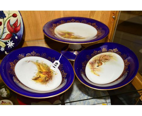 A ROYAL WORCESTER COMPORT, having hand painted decoration of Partridge family, signed W H Austin with oval dish, Pheasant fam