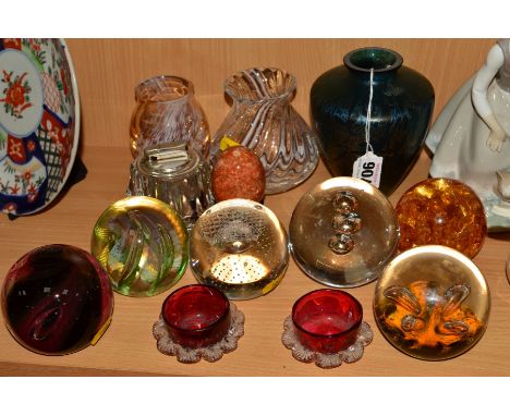 A SMALL GROUP OF GLASSWARE ETC, to include Royal Brierley Studio vase, height 13cm, four Caithness paperweights 'Moonflower',