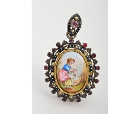 A MID 19TH CENTURY AUSTRO HUNGARIAN LOCKET PENDANT, designed as a central oval ceramic panel depicting a female feeding birds