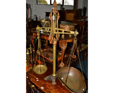 A VINTAGE PARNALL AND SONS BRISTOL BRASS AND CAST IRON BALANCE SCALE, height 97cm