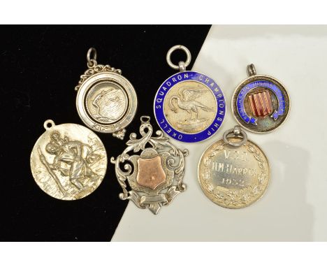 SIX MEDALS, to include three enamel medals, a St.Christopher, a swimming medal etc, all with marks to indicate silver, length