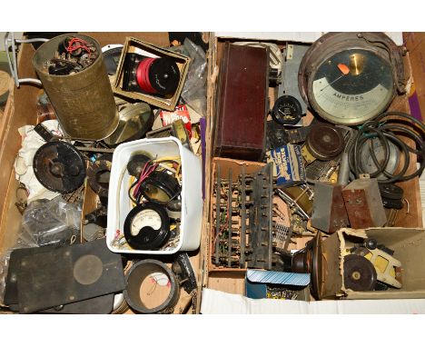 TWO TRAYS OF VINTAGE ELECTRICAL AND ELECTRONIC ITEMS, including a large Stanley patented Ampere gauge, a General Electric Ant