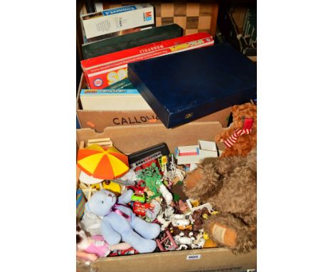 TWO BOXES OF CHILDRENS TOYS AND GAMES, including Britain's Farm Animals, Chad Valley game, Giorgio collectors bear etc