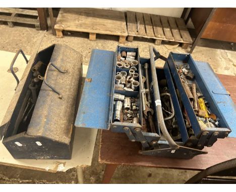 Two metal cantilever tool boxes including tools