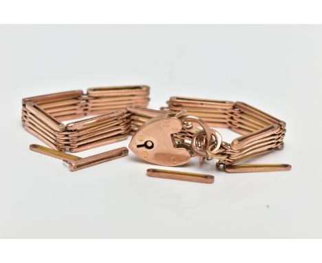 AN AF 9CT GOLD GATE BRACELET, (A/F), broken, polished rose gold five bar gate bracelet, stamped 9ct to the jump ring, fitted 