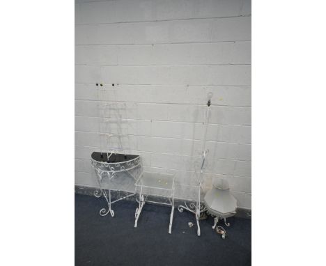 A QUANTITY OF WHITE PAINTED WROUGHT IRON OCCASIONAL FURNITURE, to include a demi lune side table, a rectangular occasional ta