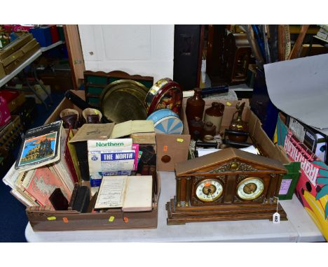 THREE BOXES OF METALWARE, BOOKS AND CAST FLAT IRONS, to include late 19th Century Bibles and prayer books, ordnance survey ma